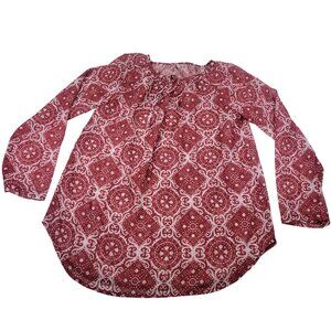 SoTeer Red & White Patterned Long Sleeve Tunic Peasant Blouse Size S